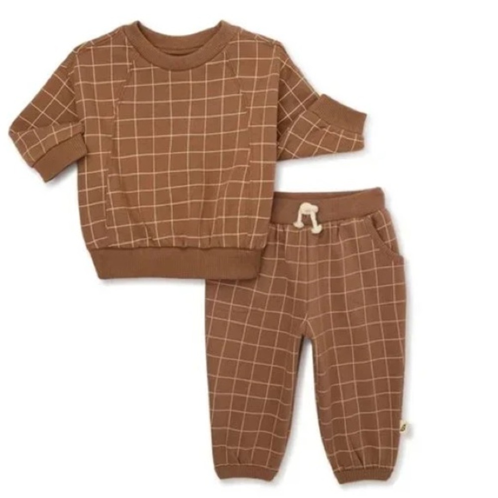 EASY PEASY NWOT Organic Cotton Sad Beige Neutral Checked Crewneck Joggers Set